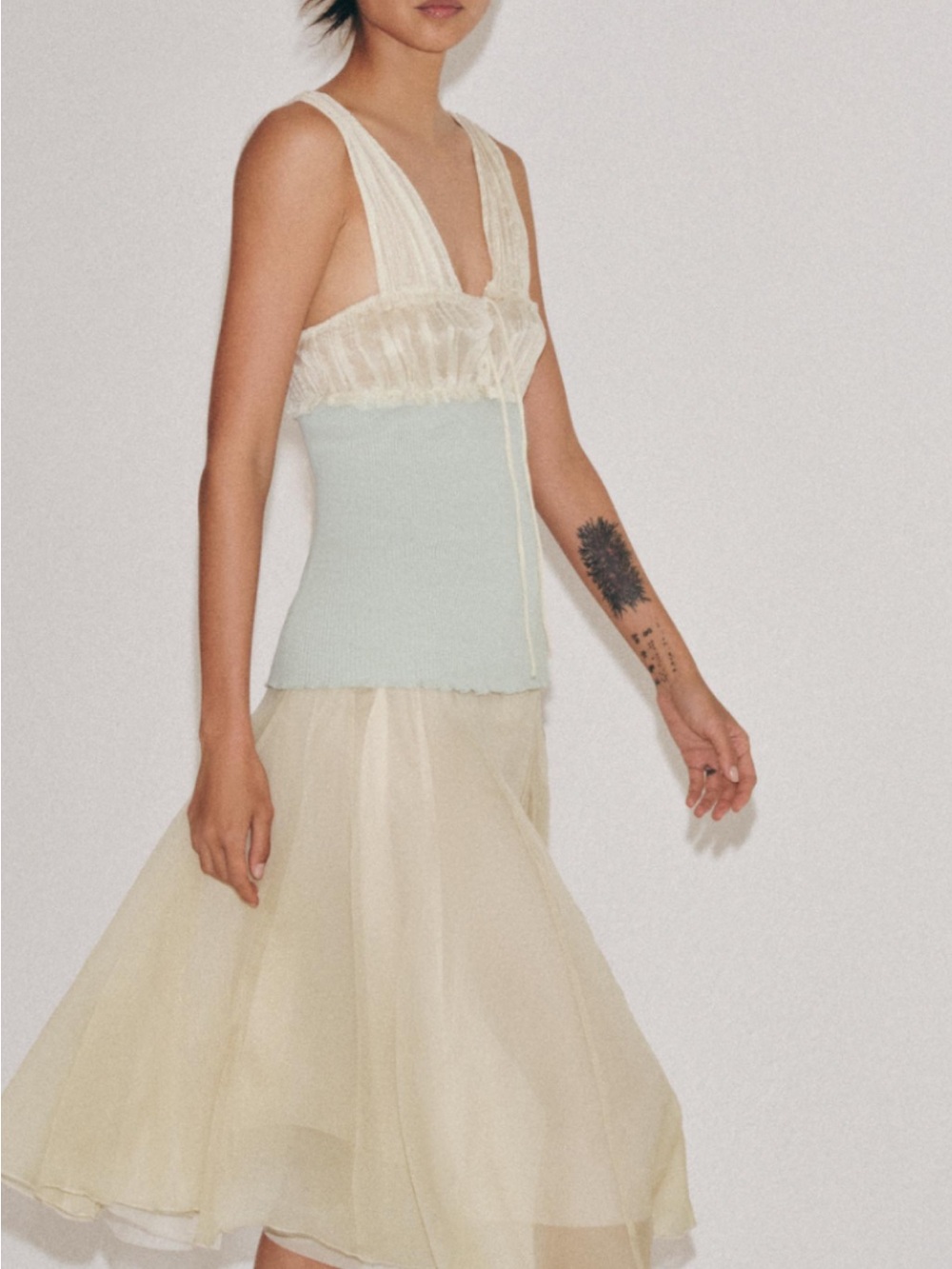 Zara Cream Lace & Pale Blue Ribbed Chemise Top